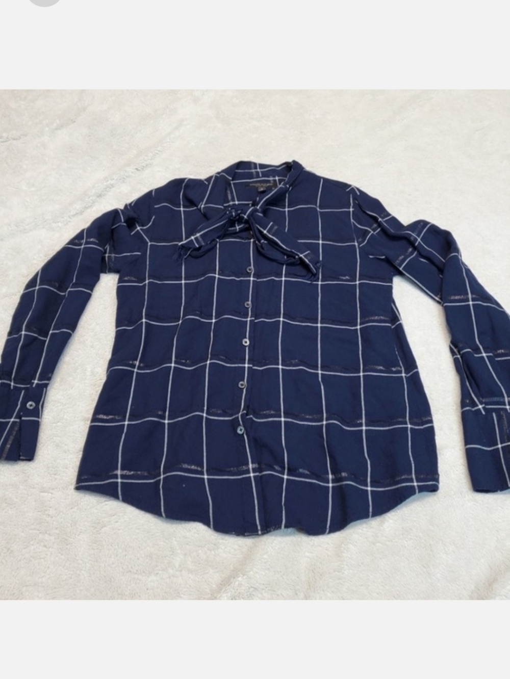 Banana Republic Navy Blue White Plaid Blouse Top Small Classic Bow Work Academia